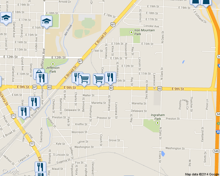 map of restaurants, bars, coffee shops, grocery stores, and more near 2107 East 9th Street in Texarkana