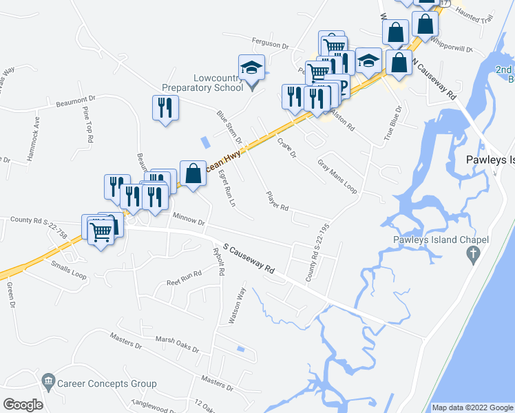 map of restaurants, bars, coffee shops, grocery stores, and more near 217 Egret Run Lane in Pawleys Island