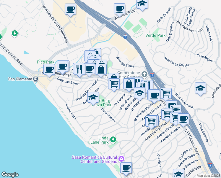 map of restaurants, bars, coffee shops, grocery stores, and more near 102 West El Portal in San Clemente