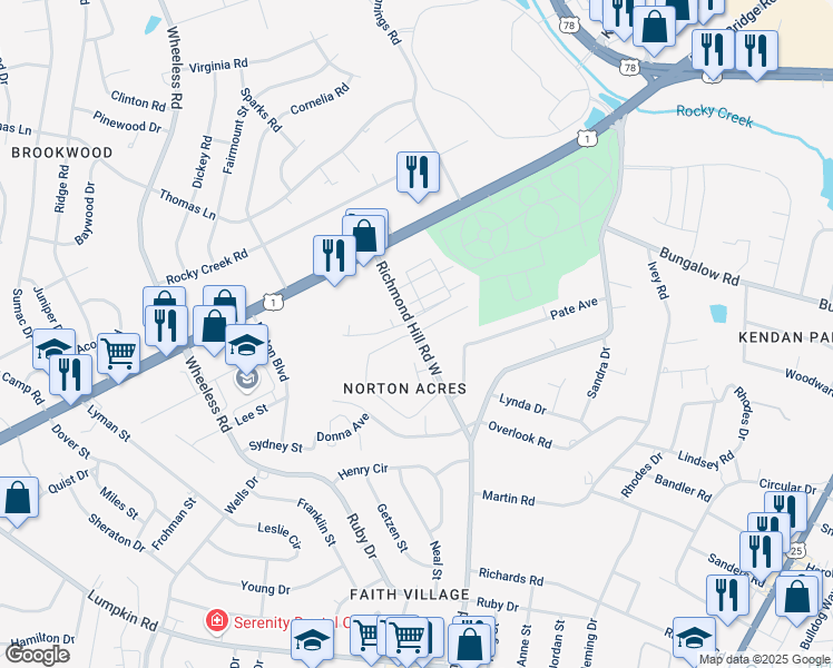 map of restaurants, bars, coffee shops, grocery stores, and more near 525 Richmond Hill Road West in Augusta