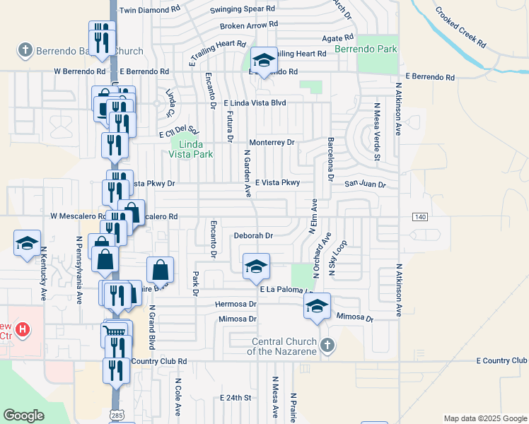 map of restaurants, bars, coffee shops, grocery stores, and more near 704 East Mescalero Road in Roswell