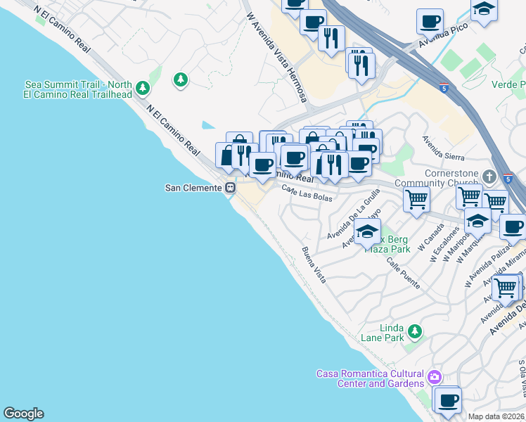 map of restaurants, bars, coffee shops, grocery stores, and more near 121 Boca De La Playa in San Clemente