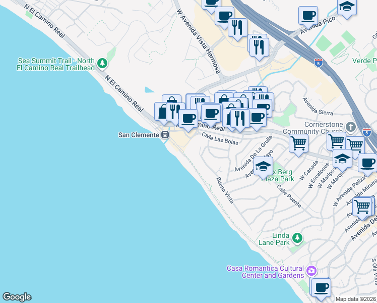 map of restaurants, bars, coffee shops, grocery stores, and more near 121 Boca De La Playa in San Clemente