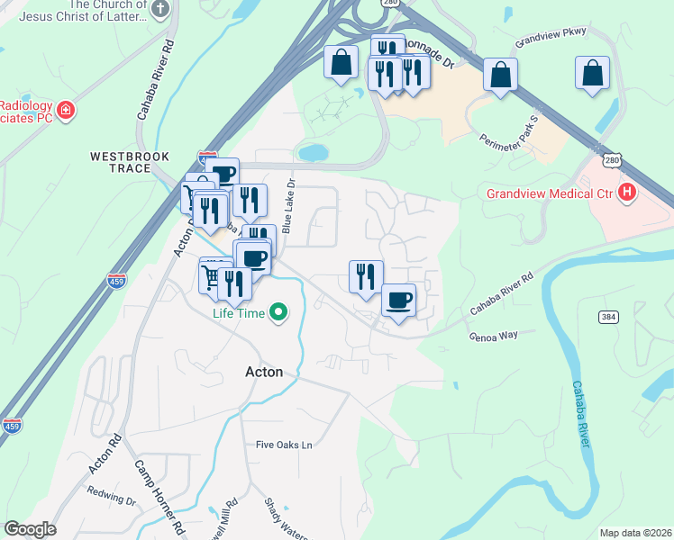 map of restaurants, bars, coffee shops, grocery stores, and more near 2331 River Grand Drive in Vestavia Hills