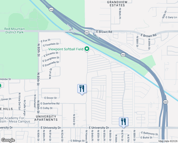 map of restaurants, bars, coffee shops, grocery stores, and more near Ln 4900 in Mesa