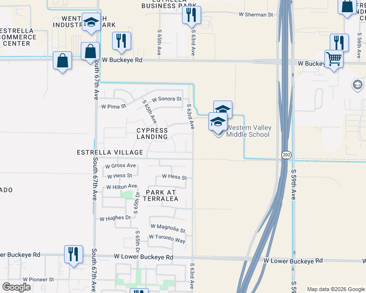 map of restaurants, bars, coffee shops, grocery stores, and more near 1825 South 63rd Drive in Phoenix