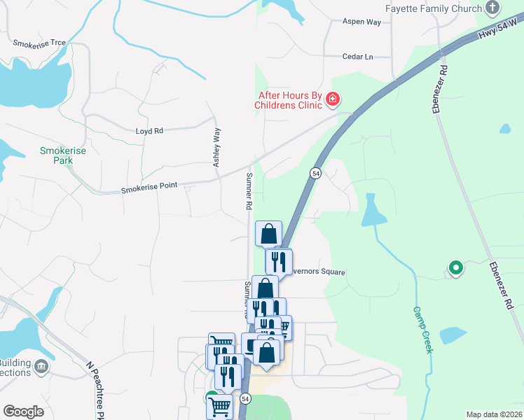 map of restaurants, bars, coffee shops, grocery stores, and more near 111 Hidden Springs Lane in Peachtree City