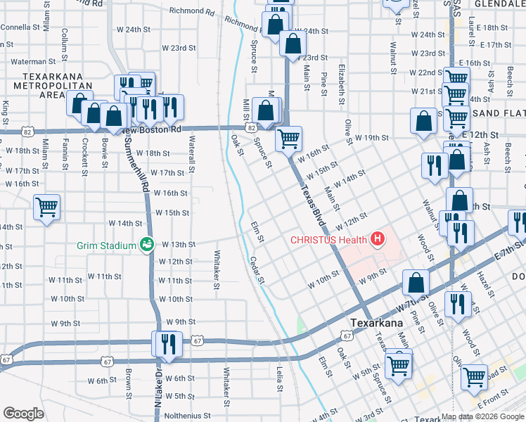 map of restaurants, bars, coffee shops, grocery stores, and more near 1405 Oak Street in Texarkana