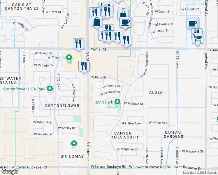 map of restaurants, bars, coffee shops, grocery stores, and more near 16958 West Cocopah Street in Goodyear
