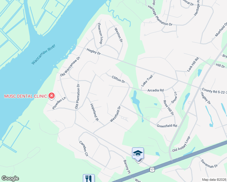 map of restaurants, bars, coffee shops, grocery stores, and more near 45 Citadel Pl in Pawleys Island