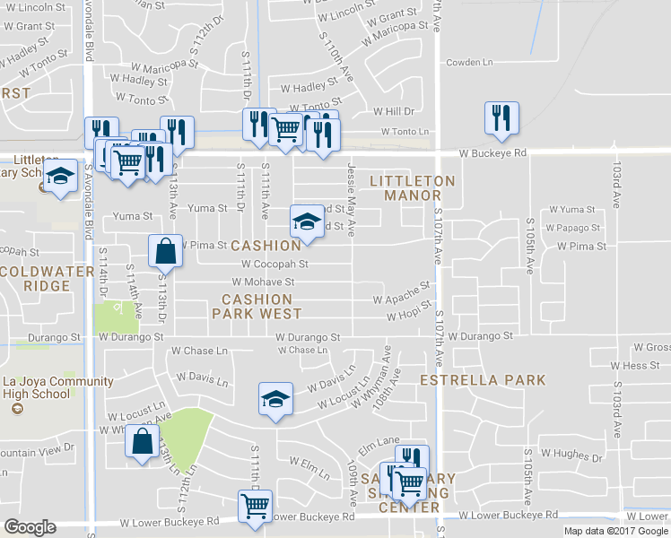 map of restaurants, bars, coffee shops, grocery stores, and more near 10917 West Cocopah Street in Avondale