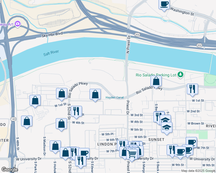 map of restaurants, bars, coffee shops, grocery stores, and more near 1720 West Rio Salado Parkway in Tempe