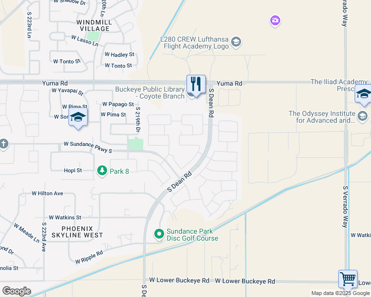 map of restaurants, bars, coffee shops, grocery stores, and more near 1804 South 217th Avenue in Buckeye