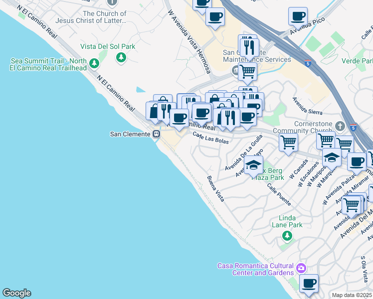 map of restaurants, bars, coffee shops, grocery stores, and more near 1531 Buena Vista in San Clemente