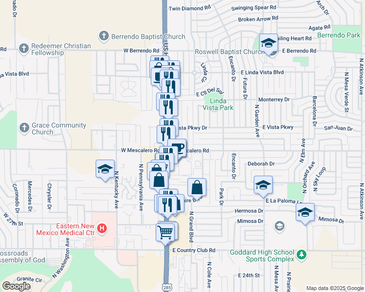 map of restaurants, bars, coffee shops, grocery stores, and more near 117 East Mescalero Road in Roswell