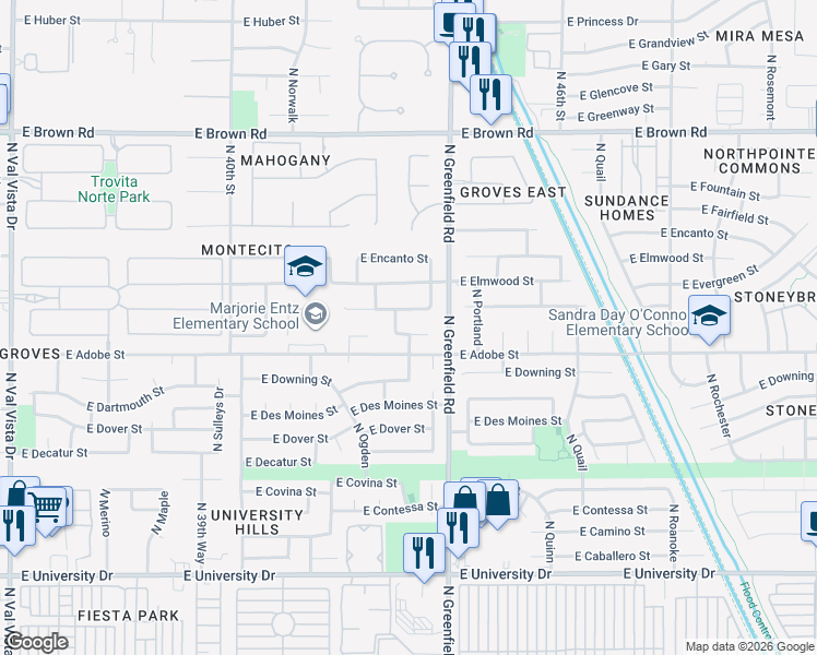 map of restaurants, bars, coffee shops, grocery stores, and more near 4328 East Ellis Circle in Mesa