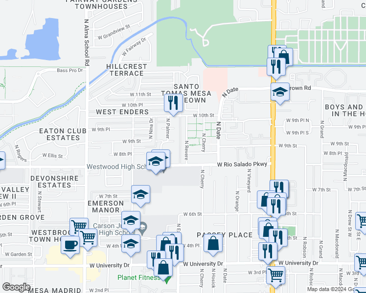 map of restaurants, bars, coffee shops, grocery stores, and more near 837 North Revere in Mesa