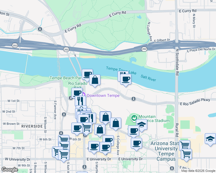 map of restaurants, bars, coffee shops, grocery stores, and more near 268 East Rio Salado Parkway in Tempe