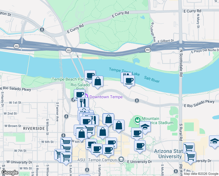 map of restaurants, bars, coffee shops, grocery stores, and more near 268 East Rio Salado Parkway in Tempe
