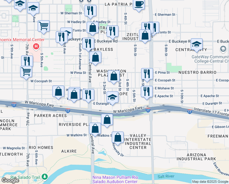 map of restaurants, bars, coffee shops, grocery stores, and more near 1714 South 2nd Place in Phoenix