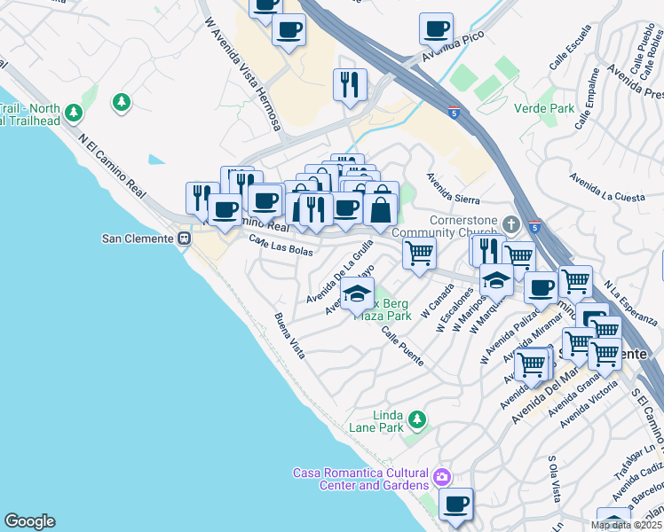 map of restaurants, bars, coffee shops, grocery stores, and more near 132A Avenida De La Grulla in San Clemente