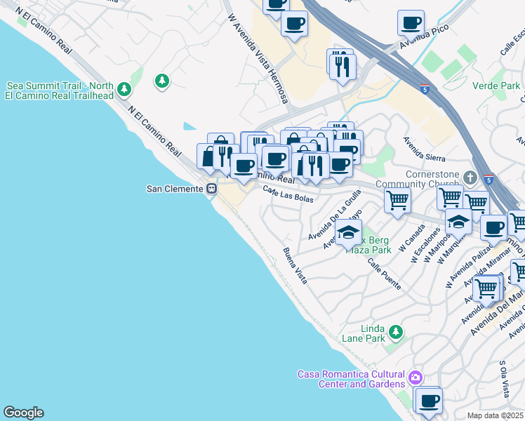 map of restaurants, bars, coffee shops, grocery stores, and more near 1525 Buena Vista in San Clemente