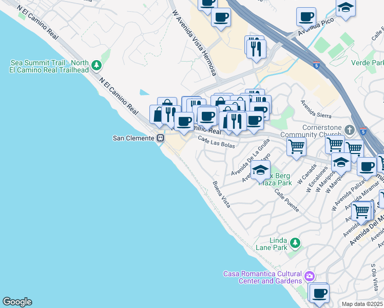 map of restaurants, bars, coffee shops, grocery stores, and more near 1525 Buena Vista in San Clemente