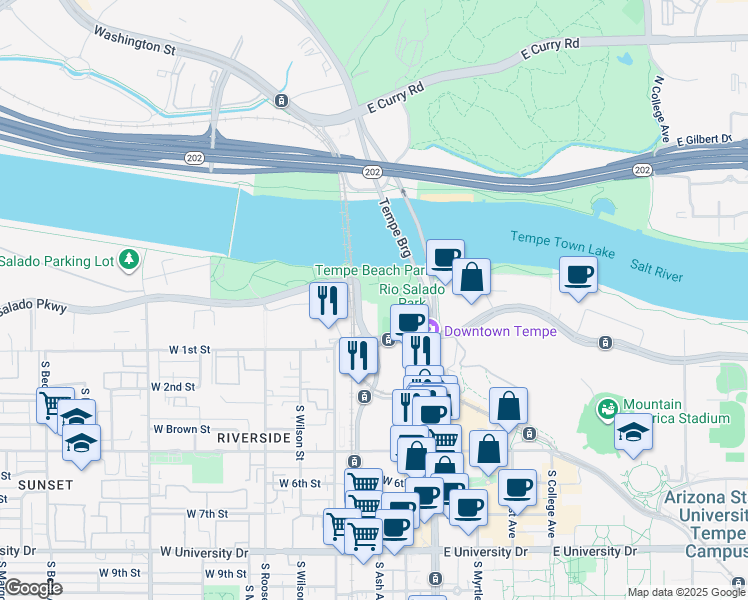 map of restaurants, bars, coffee shops, grocery stores, and more near 80 West Rio Salado Parkway in Tempe