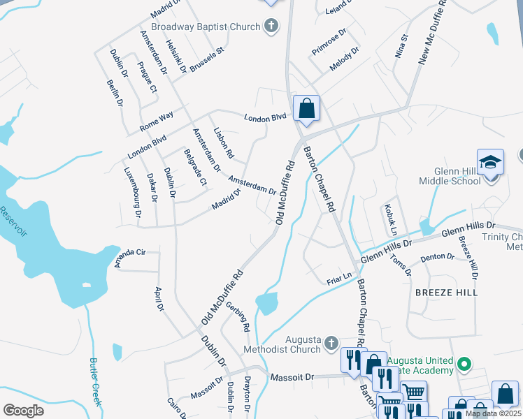 map of restaurants, bars, coffee shops, grocery stores, and more near 2445 Amsterdam Drive in Augusta