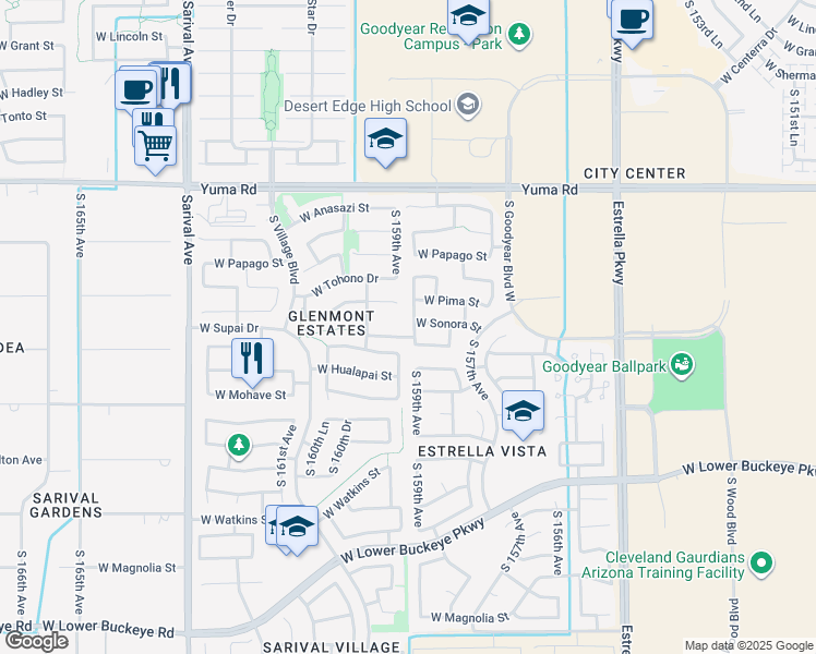 map of restaurants, bars, coffee shops, grocery stores, and more near 1738 South 159th Avenue in Goodyear