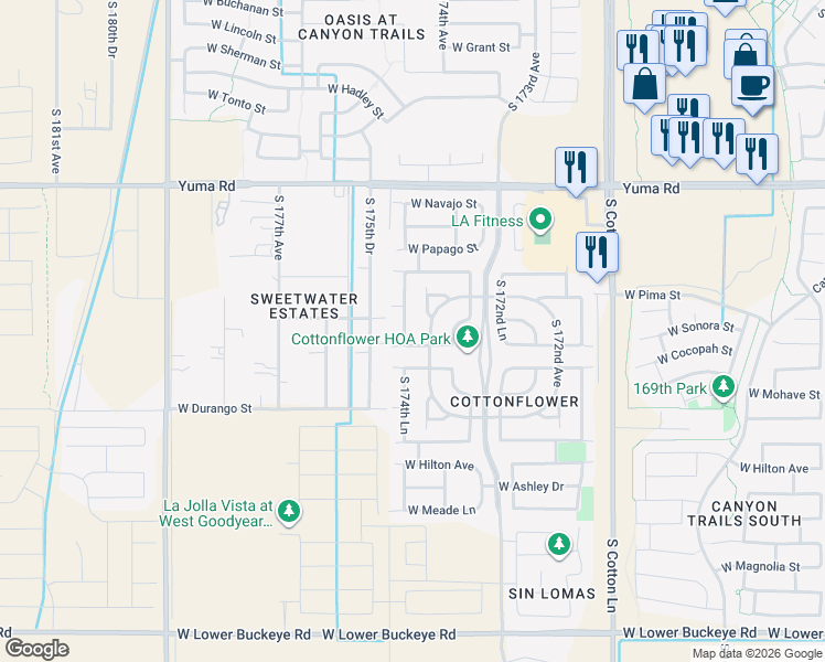 map of restaurants, bars, coffee shops, grocery stores, and more near 1673 South 174th Lane in Goodyear