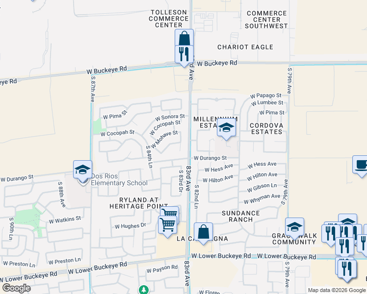 map of restaurants, bars, coffee shops, grocery stores, and more near 1921 South 83rd Drive in Tolleson
