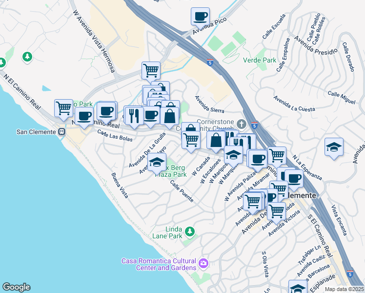 map of restaurants, bars, coffee shops, grocery stores, and more near 103 Avenida Aragon in San Clemente