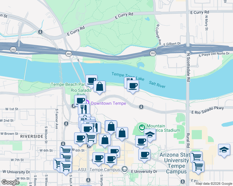 map of restaurants, bars, coffee shops, grocery stores, and more near 260 East Rio Salado Parkway in Tempe