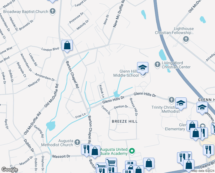 map of restaurants, bars, coffee shops, grocery stores, and more near 2428 Emery Hills Drive in Augusta