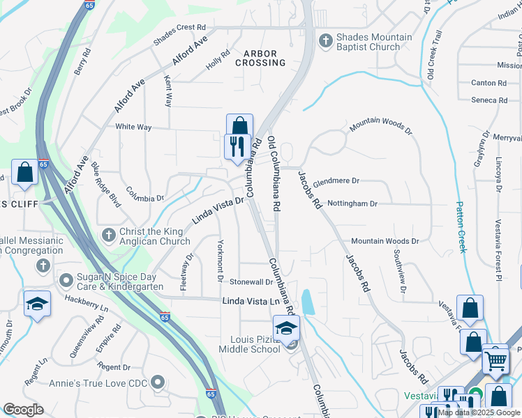 map of restaurants, bars, coffee shops, grocery stores, and more near 2435 Columbiana Road in Vestavia Hills