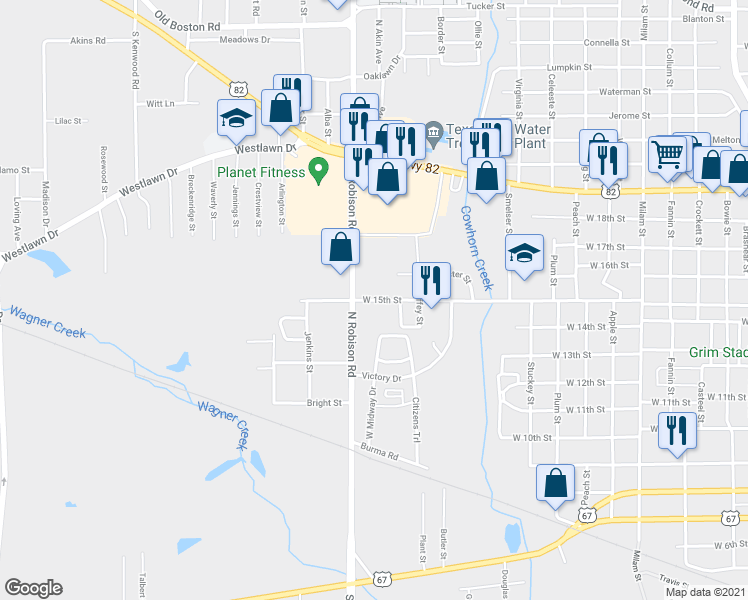 map of restaurants, bars, coffee shops, grocery stores, and more near 3115 West 15th Street in Texarkana