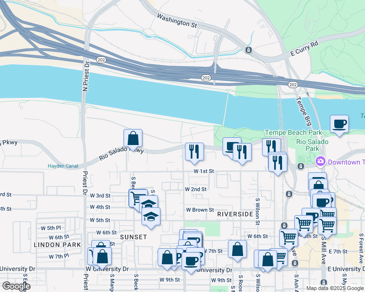 map of restaurants, bars, coffee shops, grocery stores, and more near Hardy Dr & W Rio Salado Pkwy in Tempe