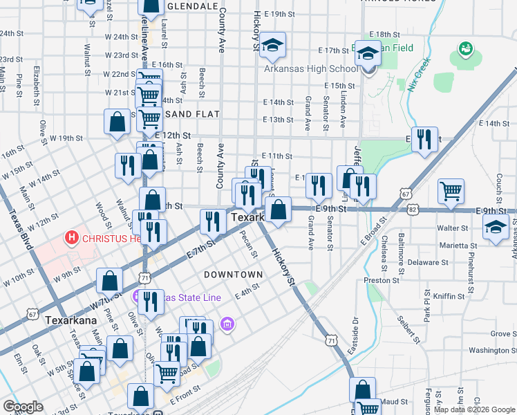 map of restaurants, bars, coffee shops, grocery stores, and more near 723 East 9th Street in Texarkana