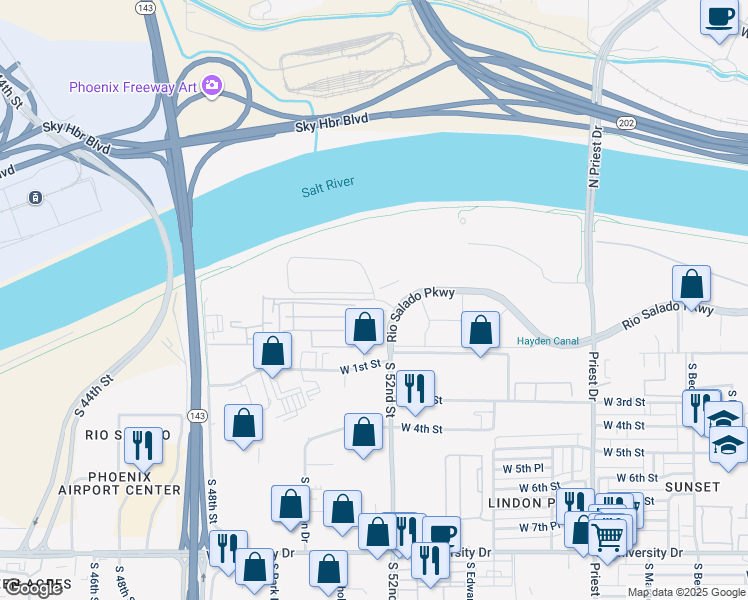map of restaurants, bars, coffee shops, grocery stores, and more near 2040 West Rio Salado Parkway in Tempe