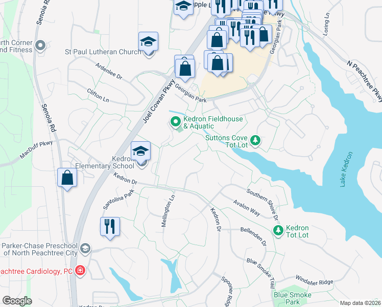 map of restaurants, bars, coffee shops, grocery stores, and more near 118 Fielding Ridge in Peachtree City