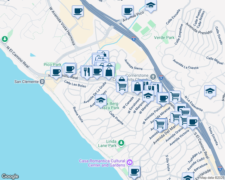 map of restaurants, bars, coffee shops, grocery stores, and more near 125 Avenida Aragon in San Clemente