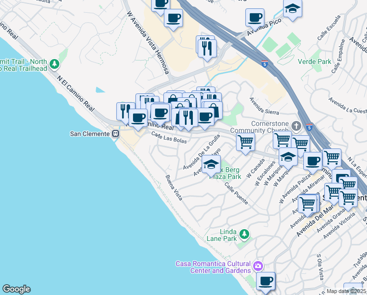 map of restaurants, bars, coffee shops, grocery stores, and more near 126 Avenida Del Reposo in San Clemente