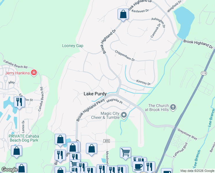 map of restaurants, bars, coffee shops, grocery stores, and more near 1021 Berrington Circle in Birmingham