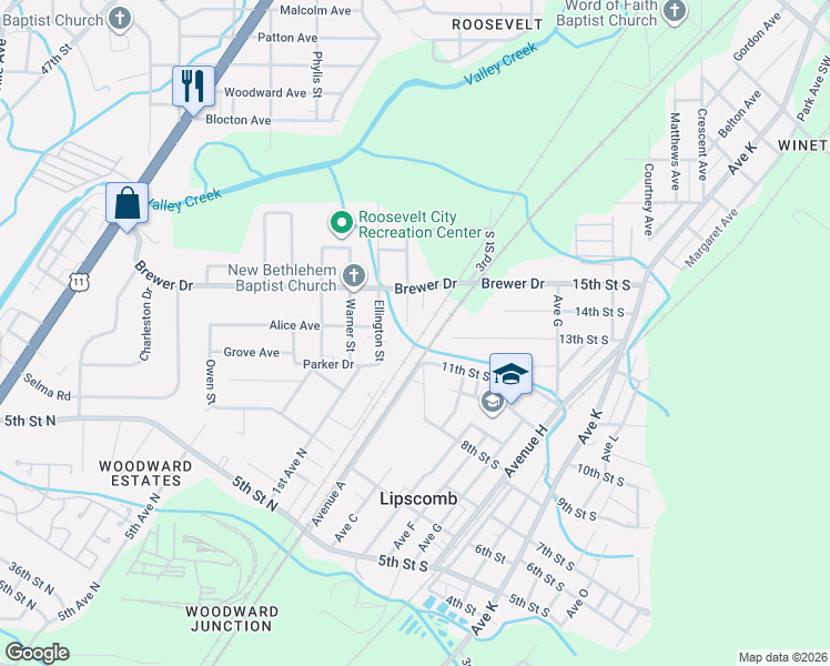 map of restaurants, bars, coffee shops, grocery stores, and more near 5104 11th Street South in Bessemer