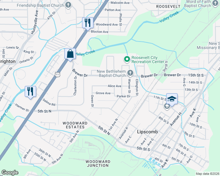 map of restaurants, bars, coffee shops, grocery stores, and more near 6120 Grove Avenue in Birmingham