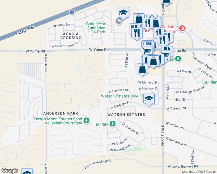 map of restaurants, bars, coffee shops, grocery stores, and more near 23882 West Harrison Drive in Buckeye