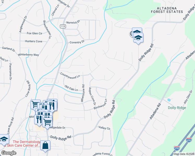 map of restaurants, bars, coffee shops, grocery stores, and more near 3812 Timberline Way in Vestavia Hills