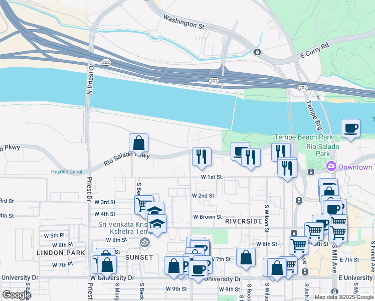 map of restaurants, bars, coffee shops, grocery stores, and more near 1000 West Rio Salado Parkway in Tempe