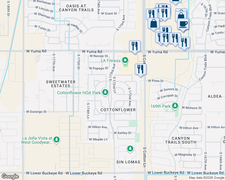 map of restaurants, bars, coffee shops, grocery stores, and more near 17275 West Cocopah Street in Goodyear